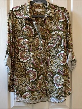 Westbound | Olive Paisley Button-Front |  Women's Blouse | Size L